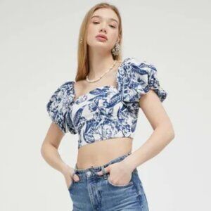 Abercrombie & Fitch Floral Puff Sleeve Poplin Cropped Top Blouse Size M